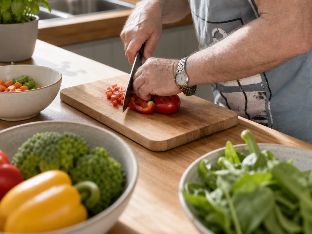 Hands preparing fresh food in a bright kitchen