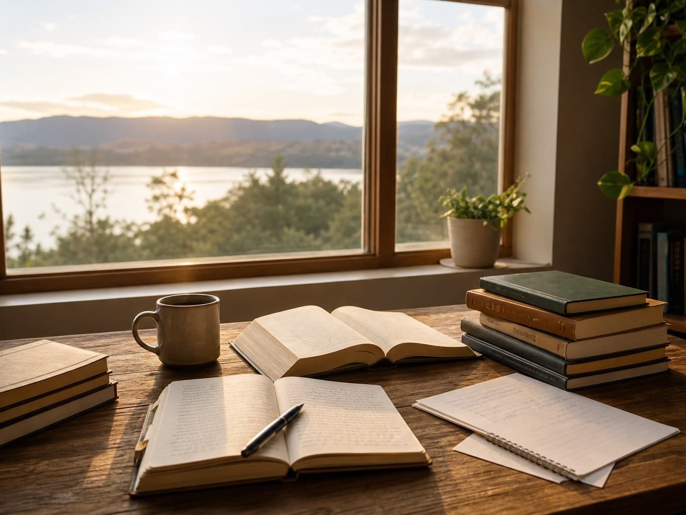 Open notebooks, books and a cup on a sunlit wooden desk